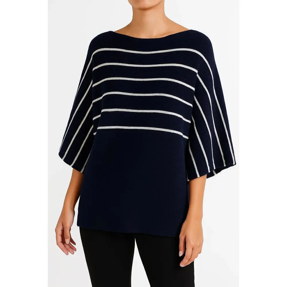 Tory Burch Cashmere Silk Striped Knit Sweater Top Navy White Size Medium